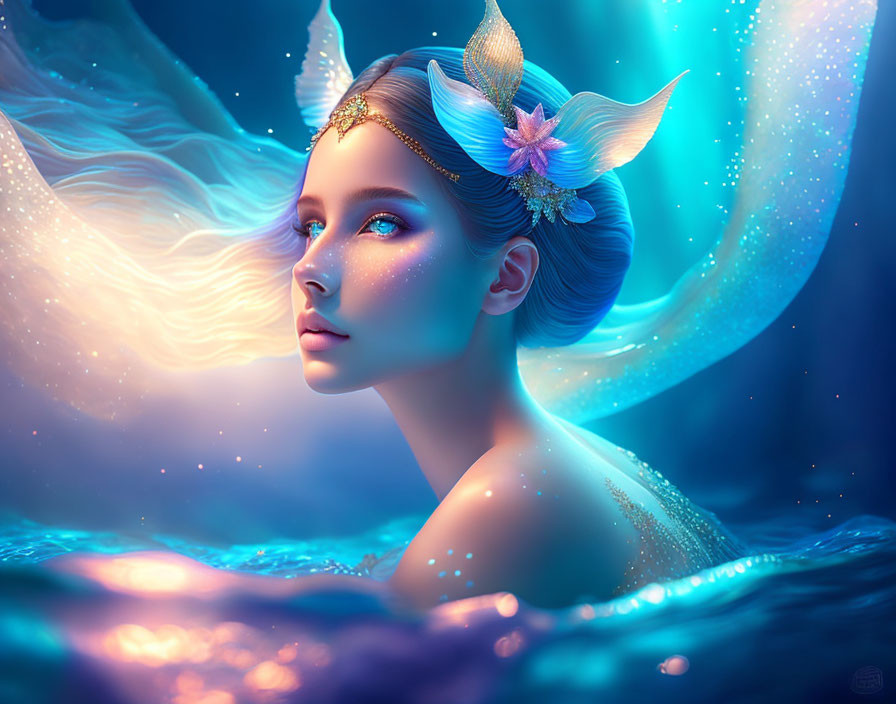 Ethereal woman with glowing blue skin in water with floral headpiece