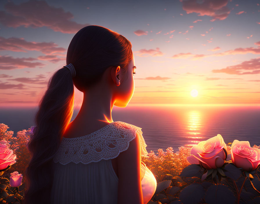 Girl with Braid Watching Sunset over Ocean with Flowers