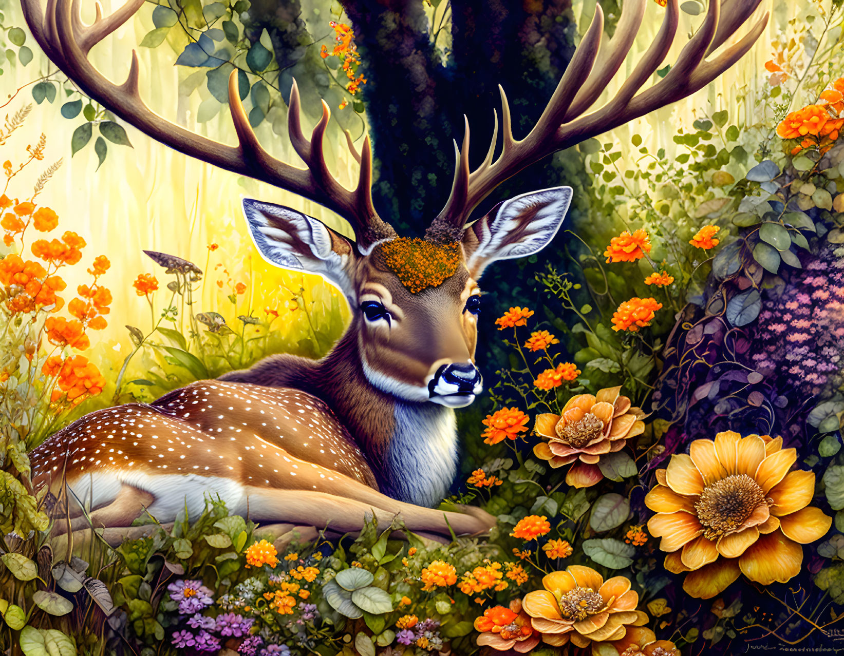 Majestic deer with large antlers in vibrant floral scene