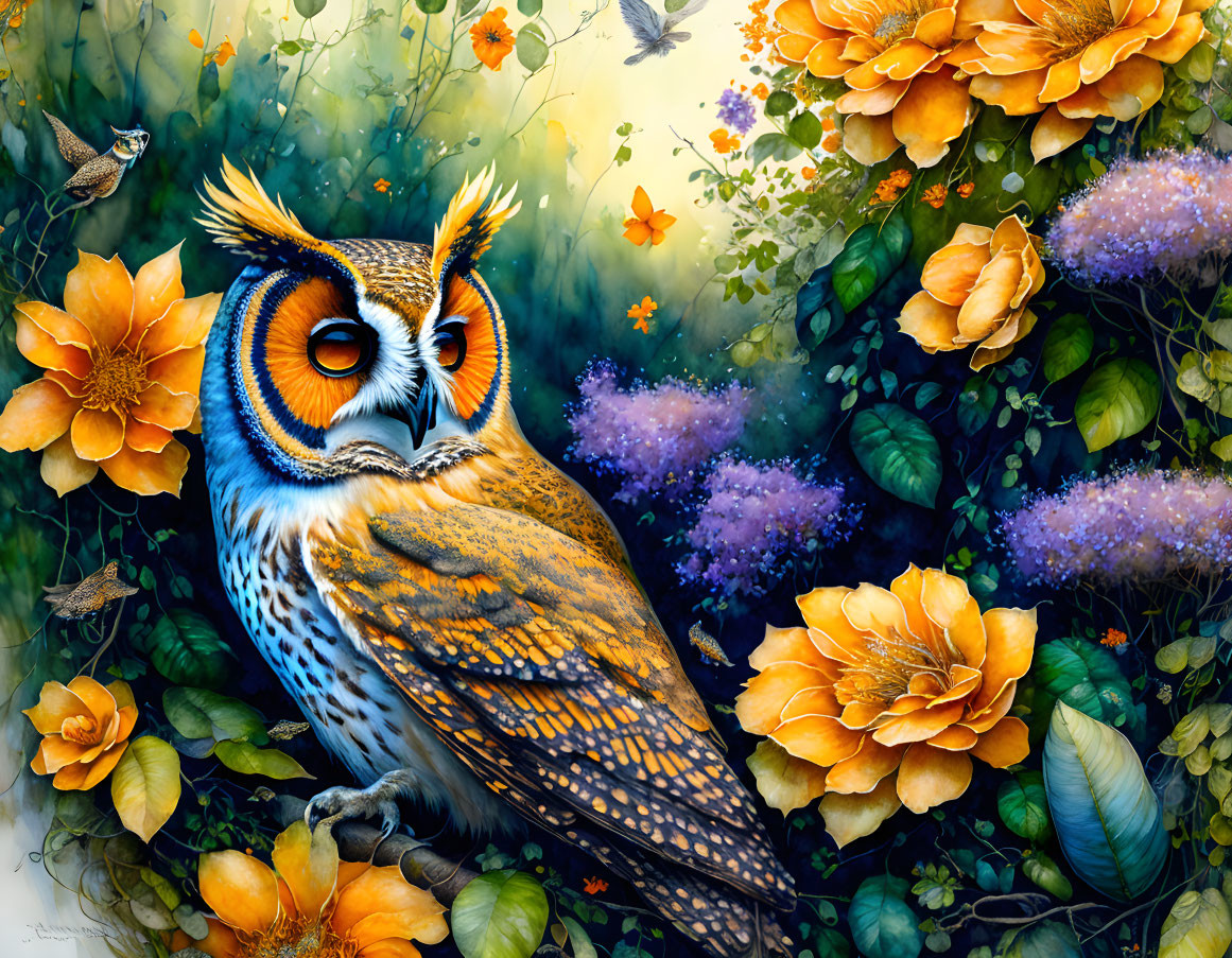 Colorful Owl Perched Among Vibrant Flowers in Fantasy Scene