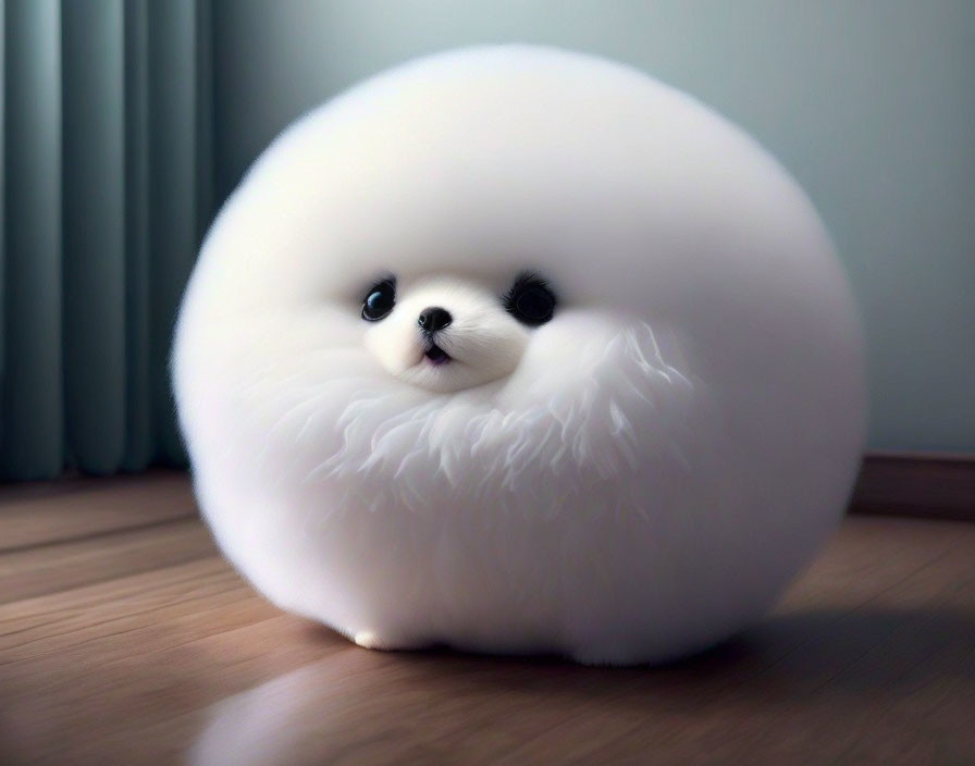 Fluffy white dog resembling a Pomeranian sitting on wooden floor beside a curtain