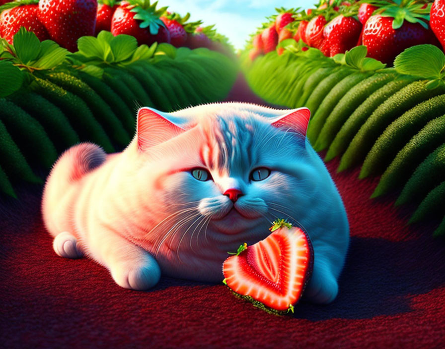 Chubby cat with blue eyes in vibrant strawberry field