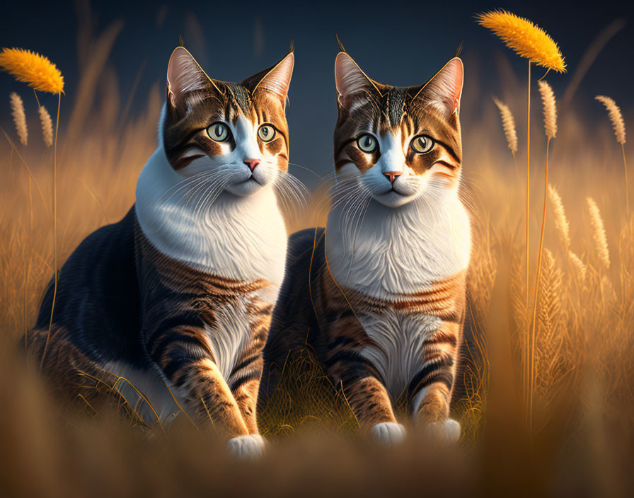 Two Tabby Cats with White Chests in Golden Wheat Field