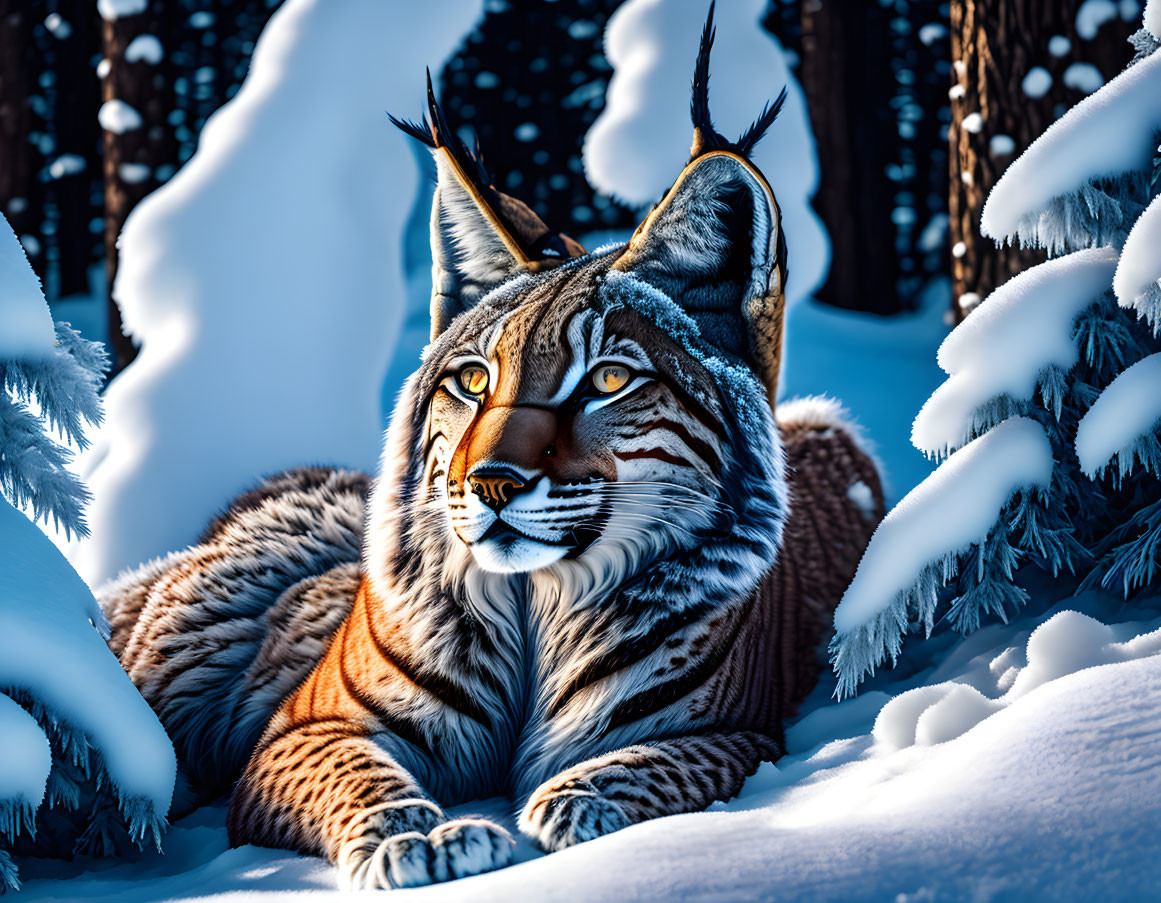 Majestic lynx with blue eyes in snowy forest surrounded by golden sunlight