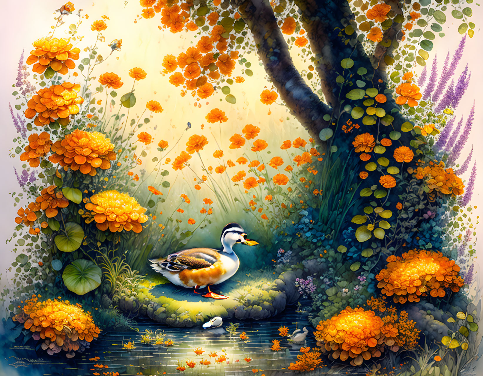 Colorful duck pond scene with orange flowers and lily pads