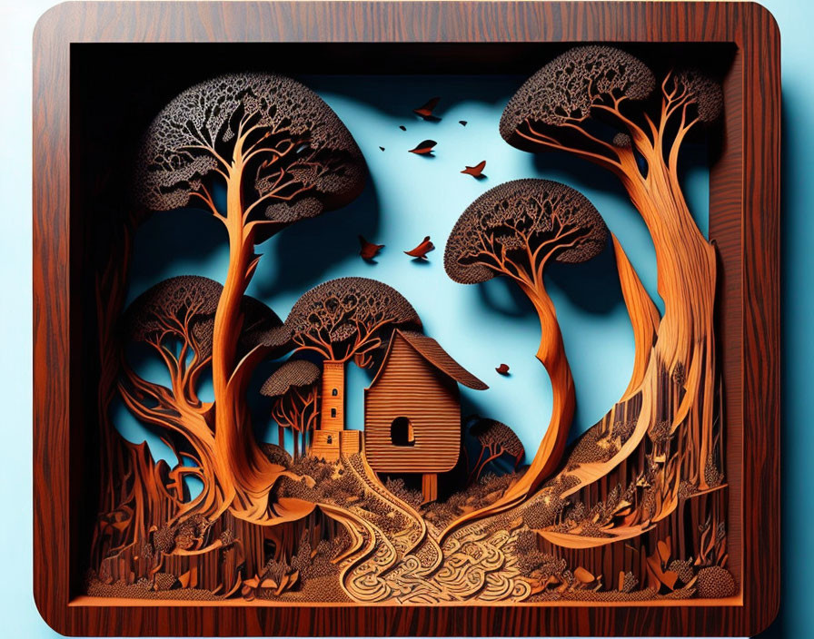 Layered Paper Art: Whimsical Scene of Trees, House, and Birds on Blue Background