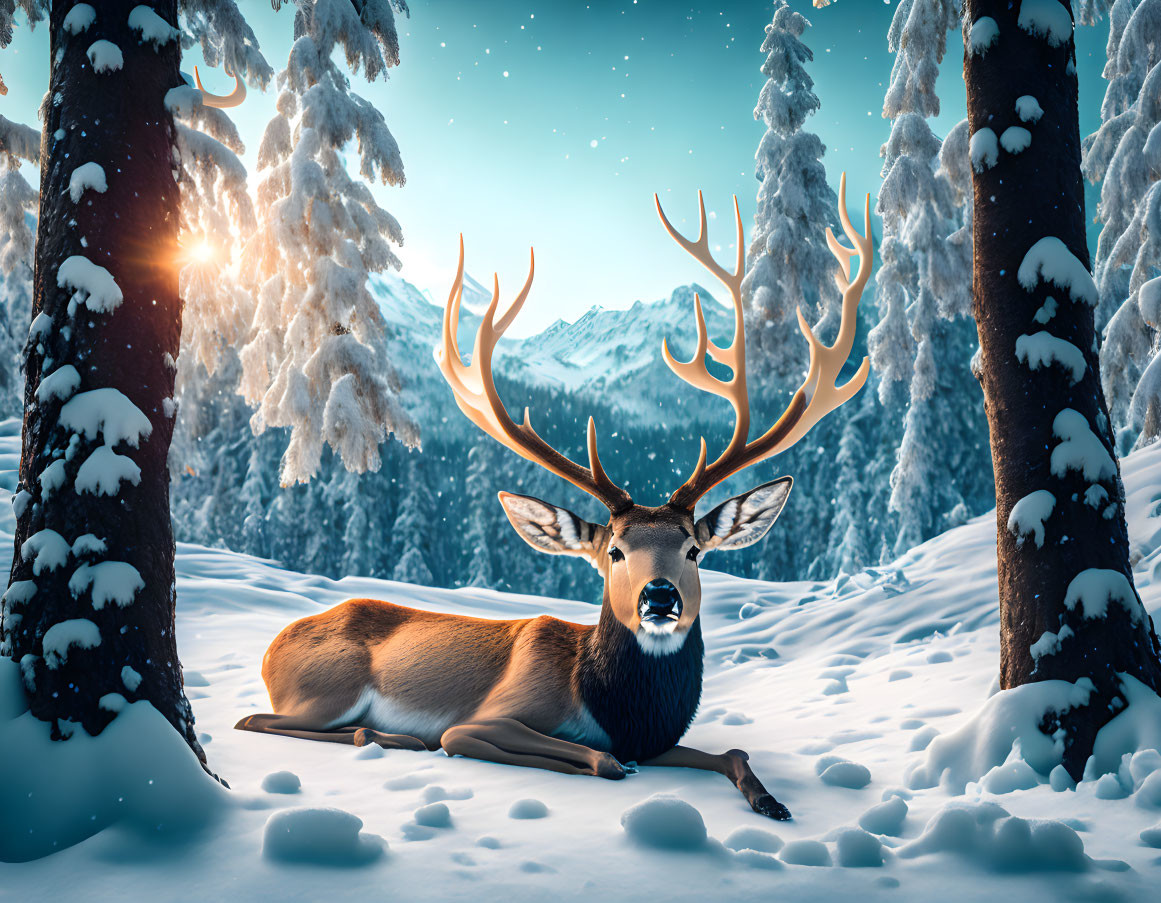 Majestic deer with luminous antlers in snow-covered forest at sunset