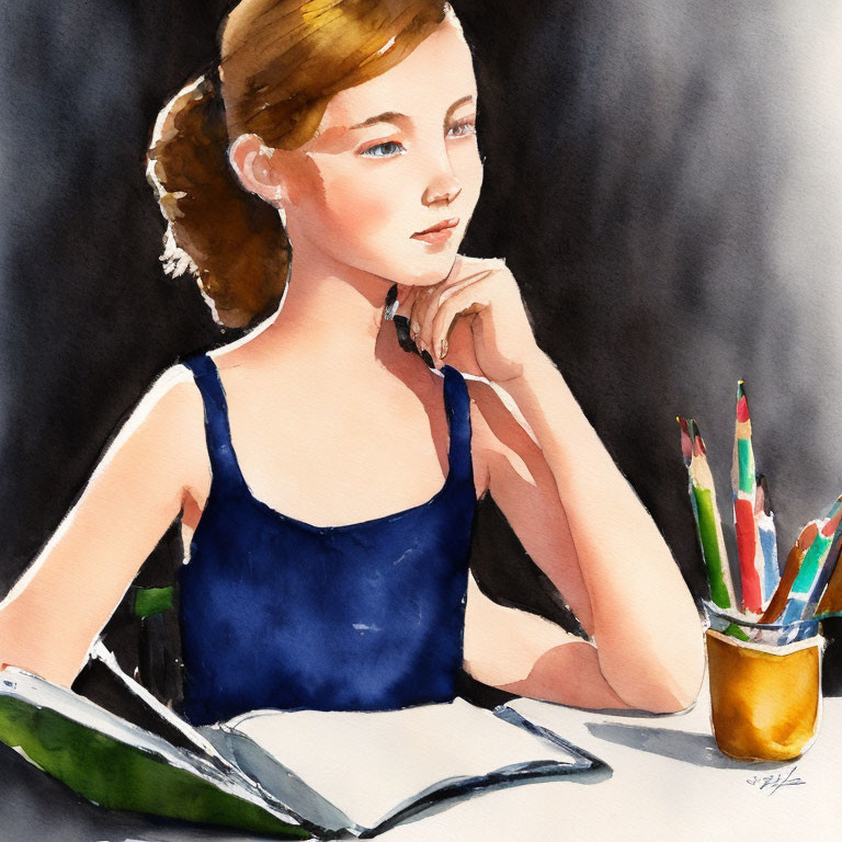 Watercolor painting of young woman with book and colored pencils