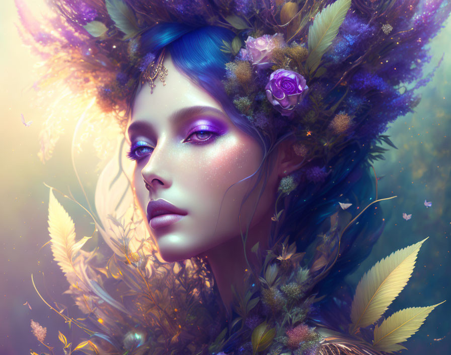 Fantasy illustration of woman with blue hair and violet eyes in floral headdress