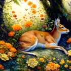 Tranquil deer surrounded by lush foliage and vibrant flowers