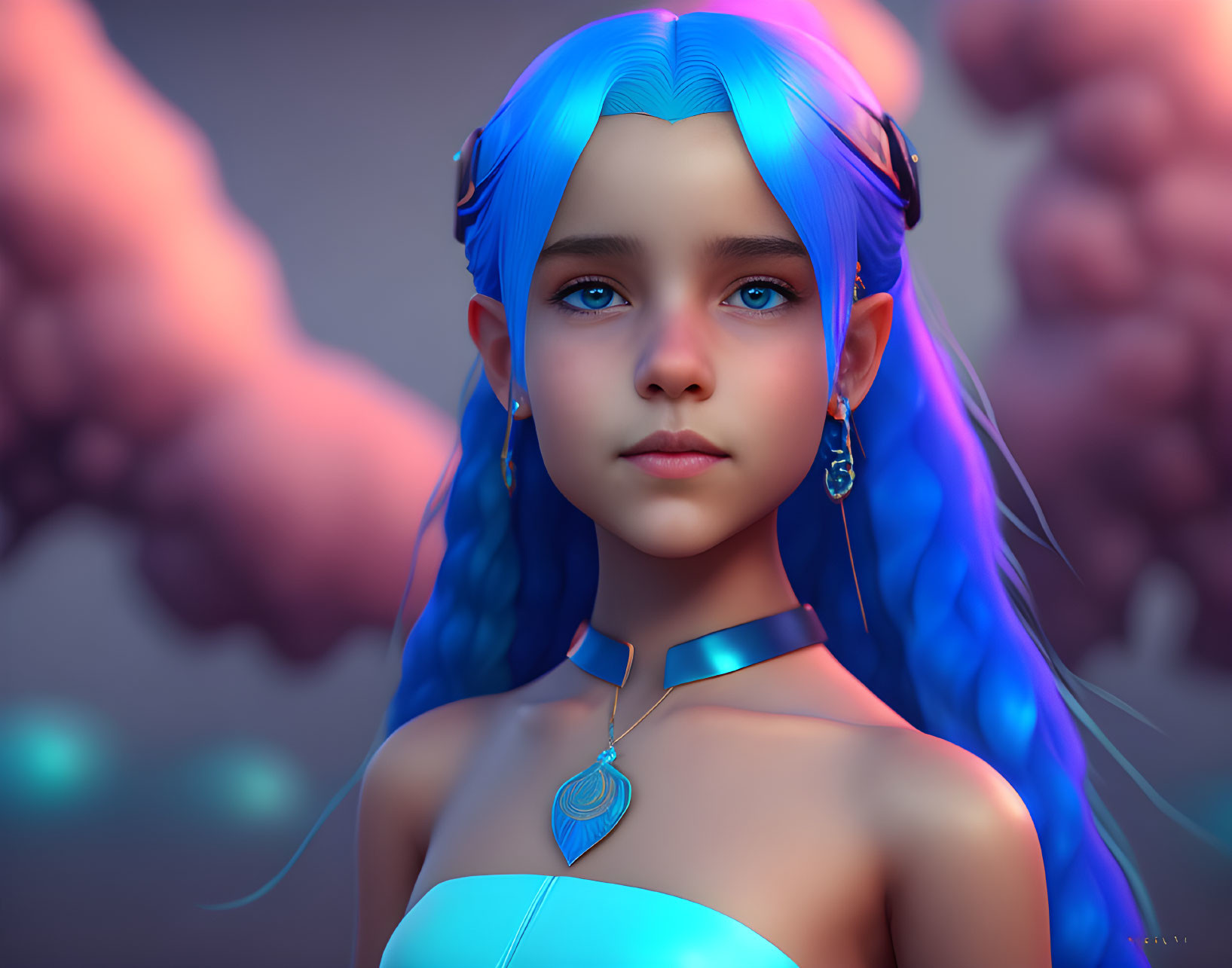 3D digital portrait of young female with blue hair and eyes wearing jewelry