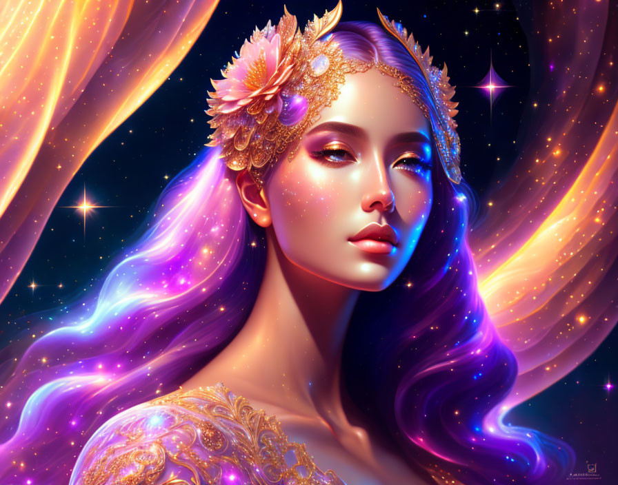 Digital Artwork: Woman with Long Purple Hair and Golden Floral Headpiece in Cosmic Setting