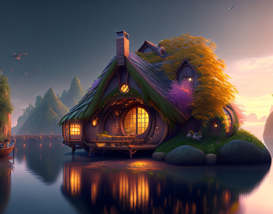 Cozy cottage with thatched roof by serene lake at dusk