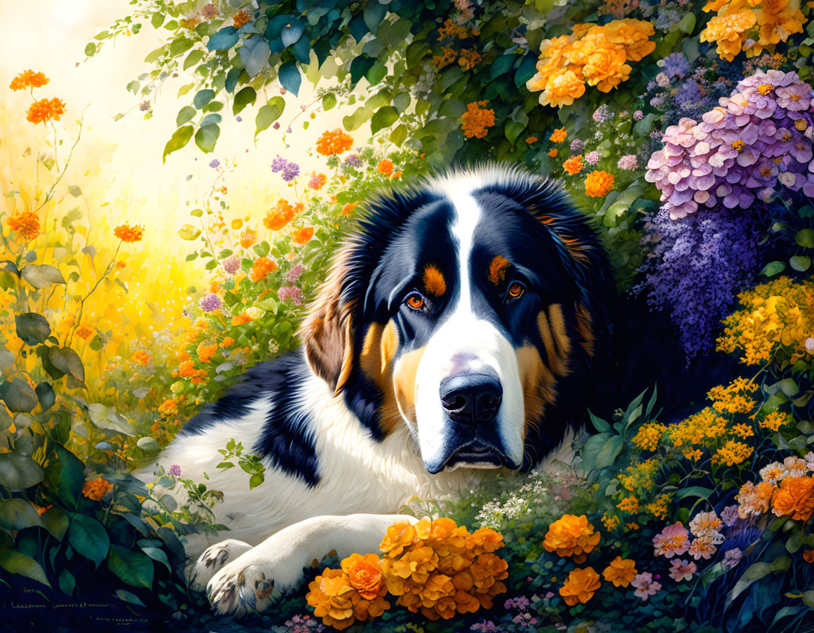 Serene Bernese Mountain Dog in Orange and Purple Flower Field