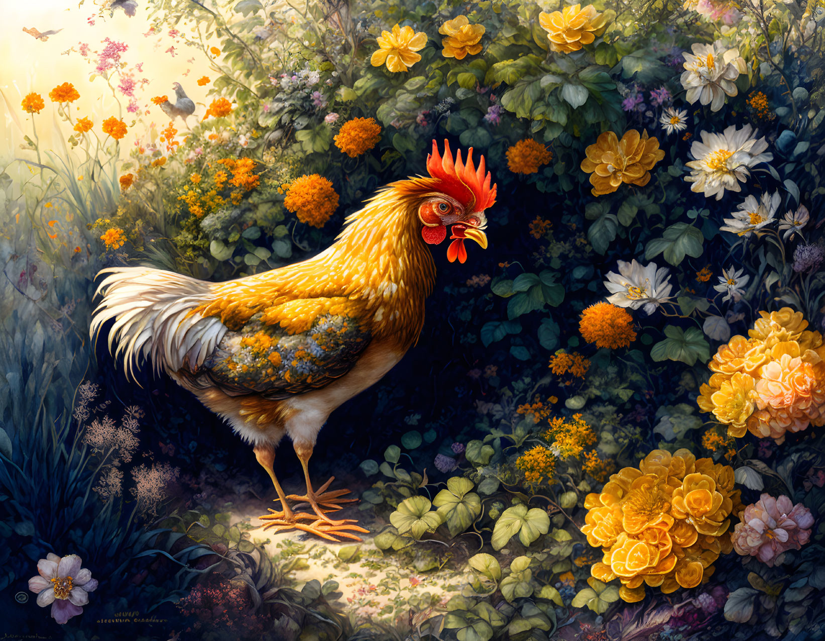 Colorful Rooster Surrounded by Flowers in Sunlight and Shadows