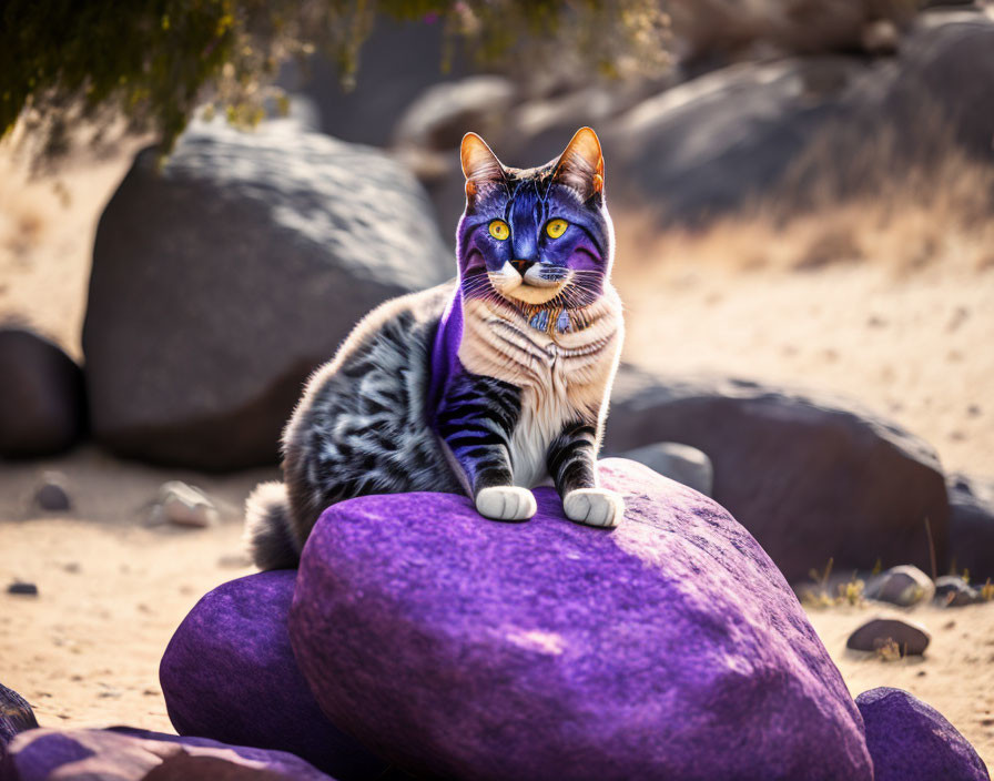 Cat with Human Face on Purple Rock in Sandy Area