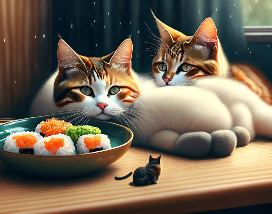 Two cats with sushi and toy mouse by rainy window