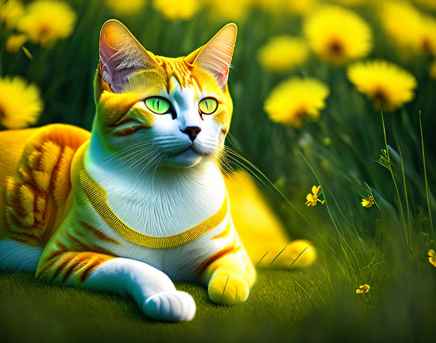 Vibrant digital artwork: Cat with yellow stripes in green field