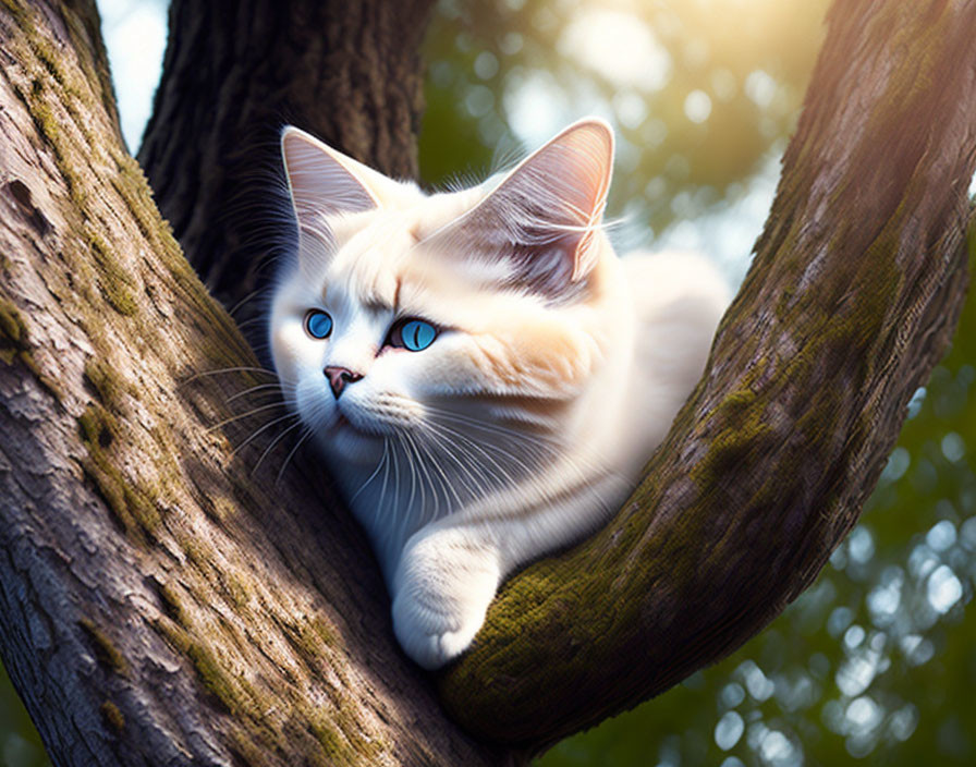 Fluffy White Cat with Blue Eyes Resting on Tree Branch