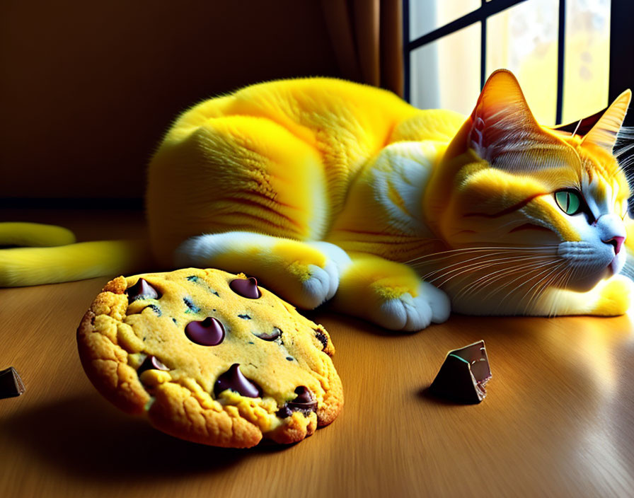 Yellow Cat with Blue Eyes Next to Chocolate Chip Cookie on Wooden Surface