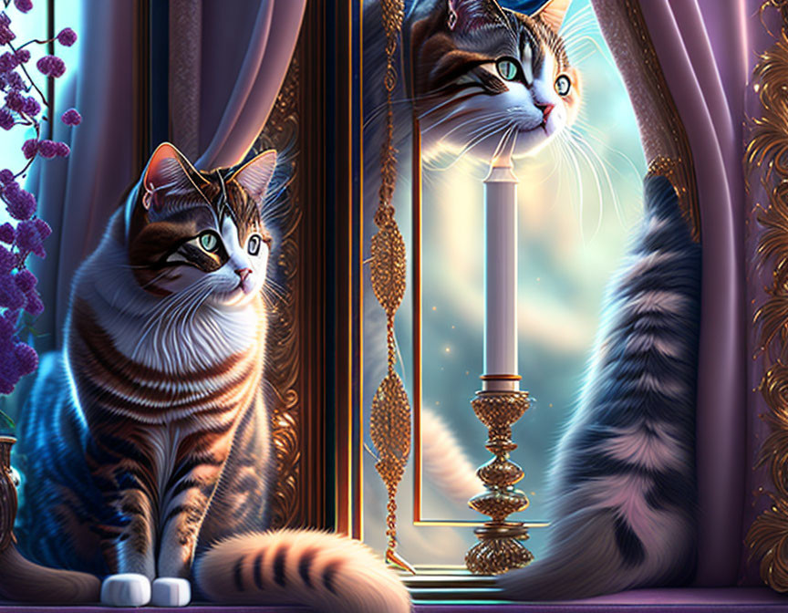 Illustrated cats by a window in a luxurious room with elaborate curtains