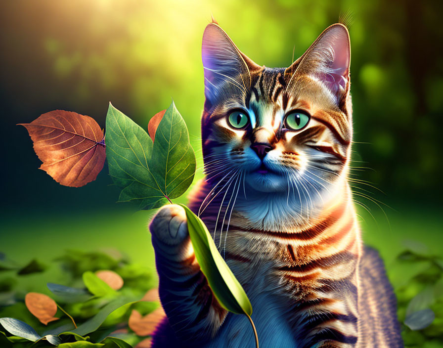 Tabby Cat with Green Eyes Holding Leaf in Sunlit Greenery