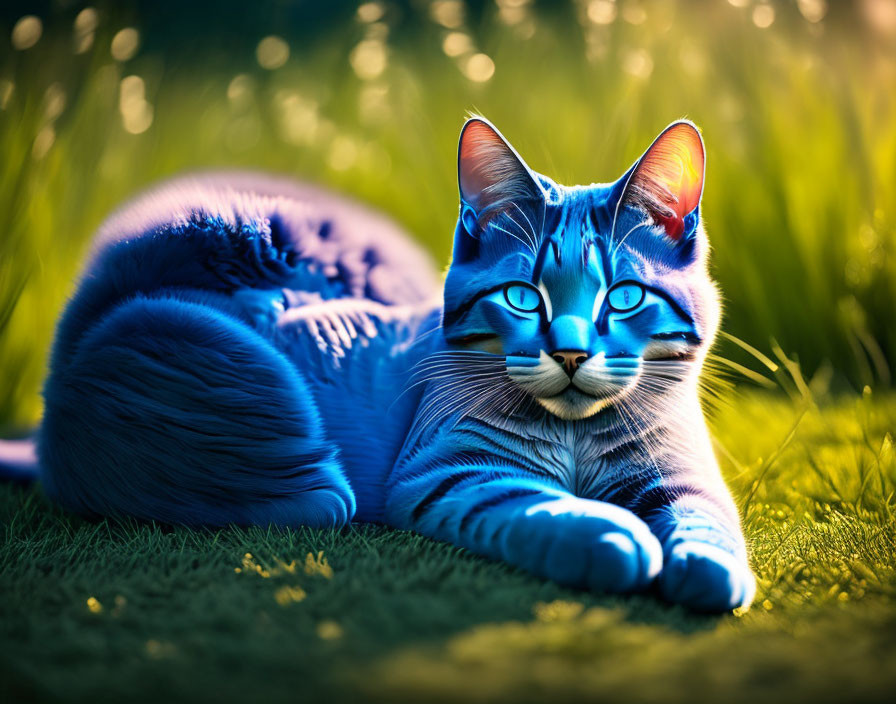 Blue-Striped Cat Relaxing on Sunlit Grass