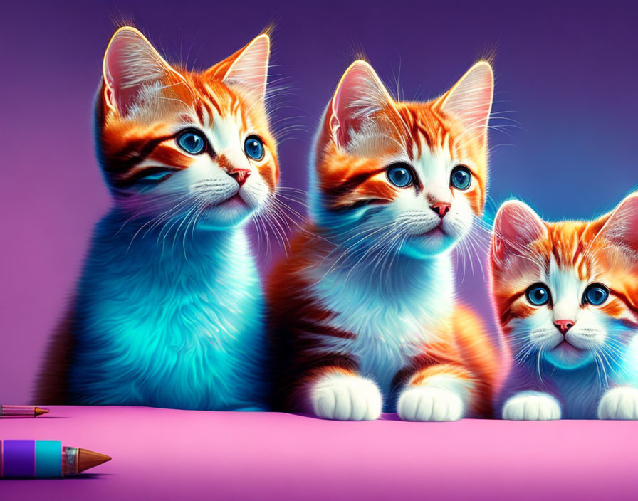 Vividly Colored Orange and White Kittens on Purple Background with Pencil