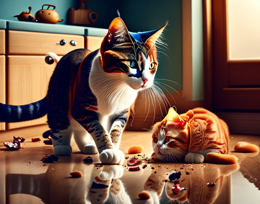 Two Cats in Party Hats Celebrating with Spilled Treats and Confetti