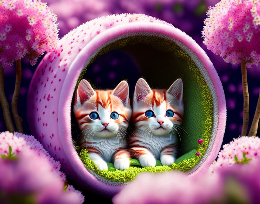 Cartoon Kittens with Blue Eyes in Colorful Setting