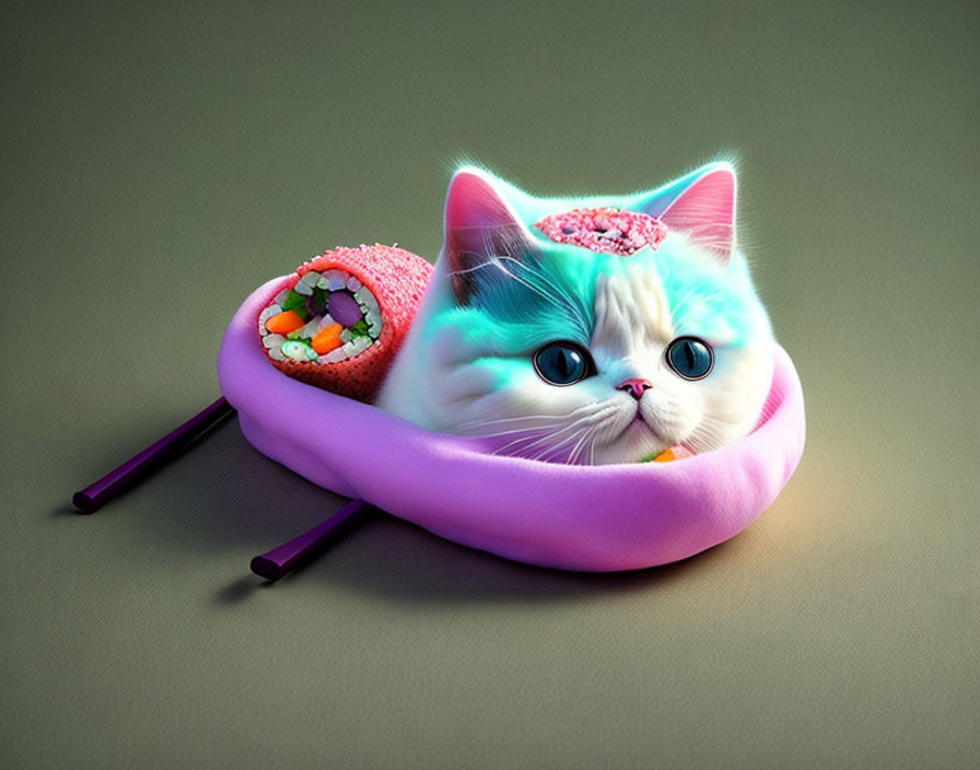 Whimsical digital artwork: Cat in sushi roll with salmon nigiri