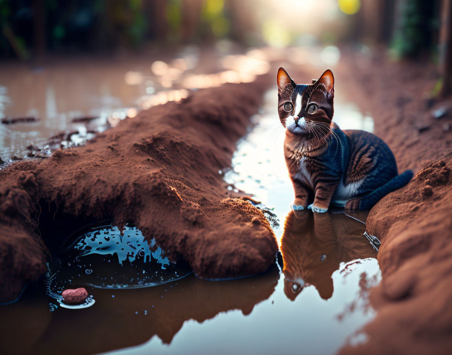 Tabby Cat Beside Puddle on Dirt Path with Sunlight Filtering Through Foliage