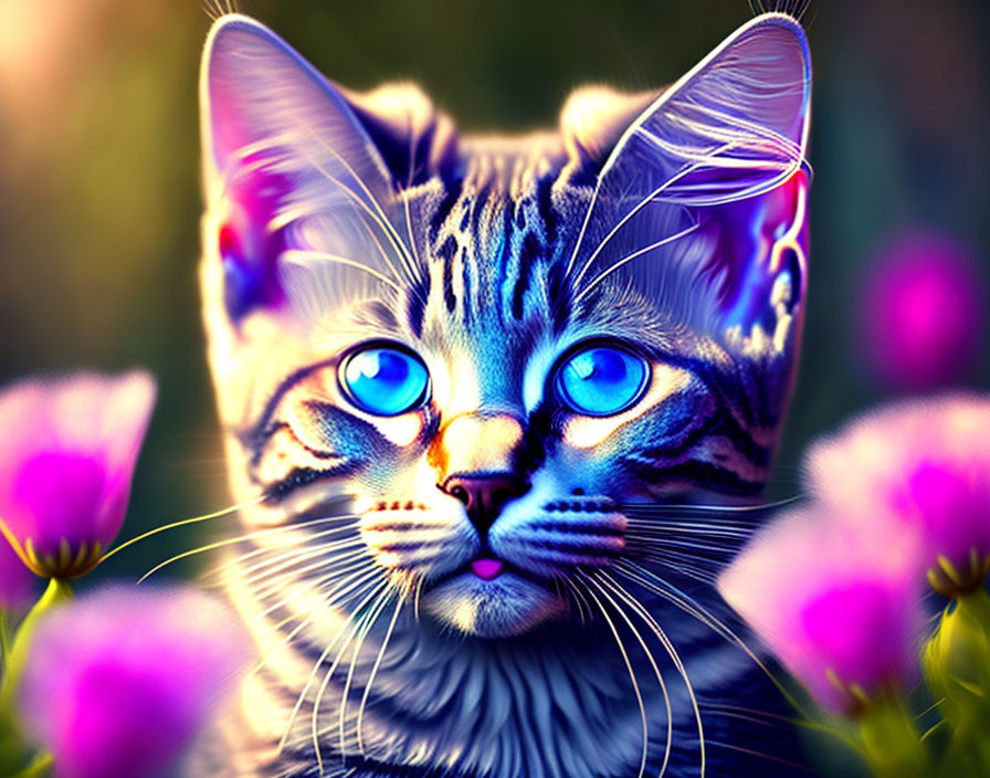 Colorful Cat with Blue Eyes and Striped Fur Among Pink Flowers