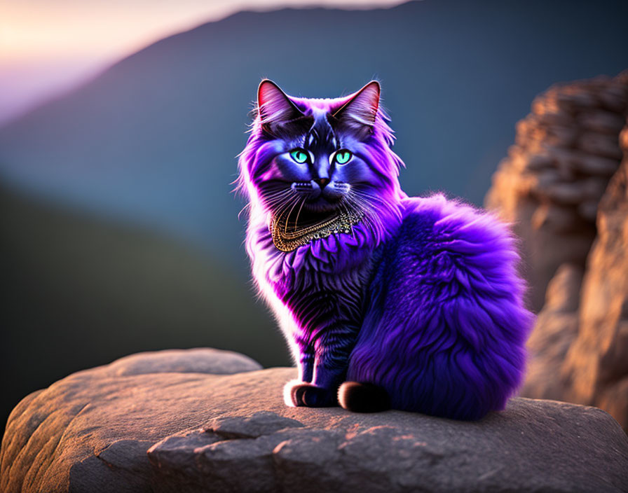 Blue-Furred Cat with Glowing Eyes and Necklace at Sunset