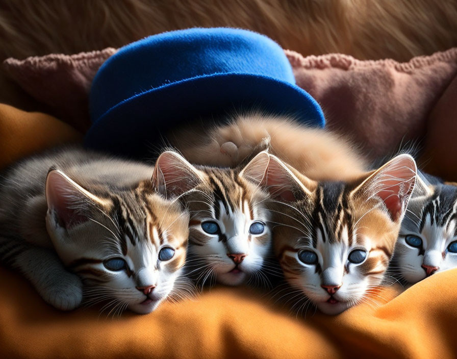 Four Kittens Resting on Orange Blanket with Blue Hat