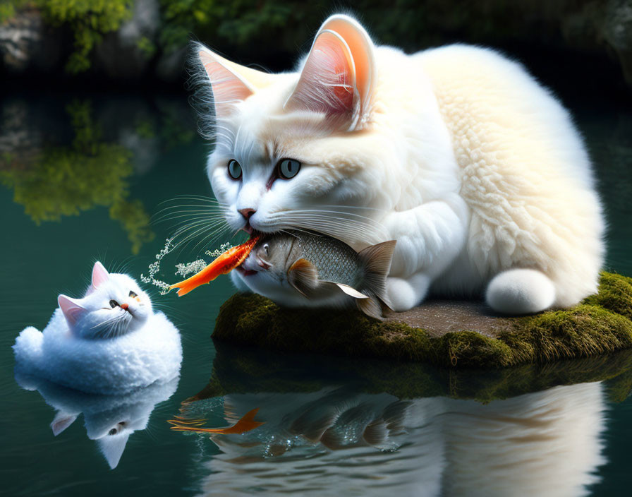 Whimsical photo manipulation featuring fluffy cats with large ears and a fish.