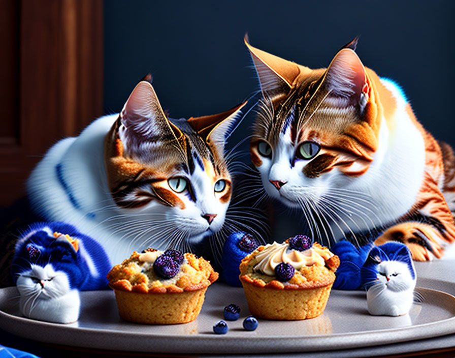 Patterned fur large and tiny cats near berry tarts plate