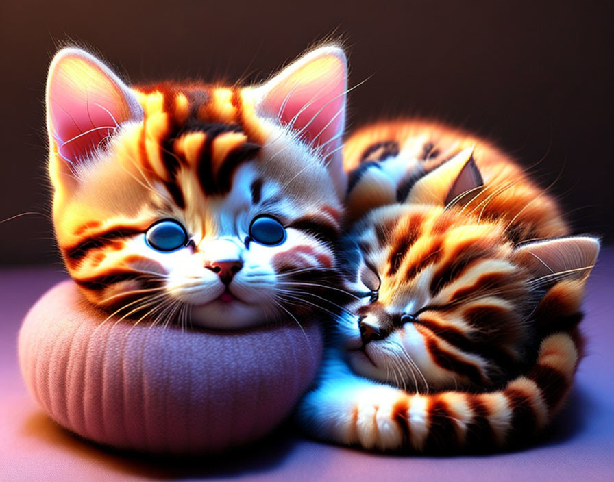 Three Glowing Animated Kittens Snuggle Together