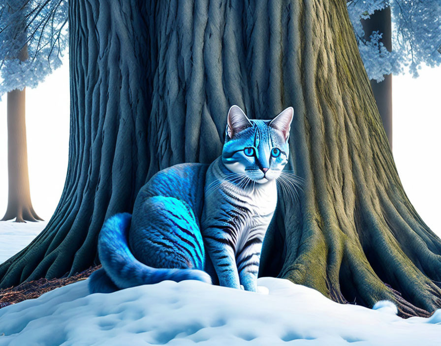 Digitally altered image of cat with blue stripes in snowy landscape