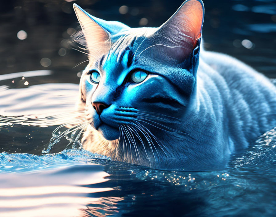 Blue-eyed cat in vibrant blue coat submerged in water with ripples.