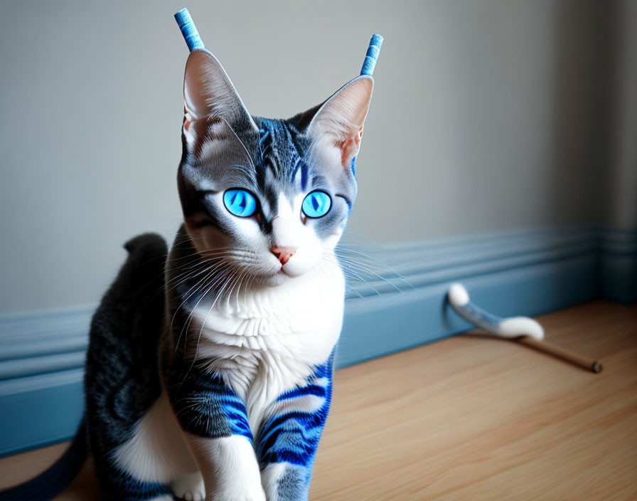 Blue-eyed domestic cat with blue-striped fur sitting on wooden floor by wall