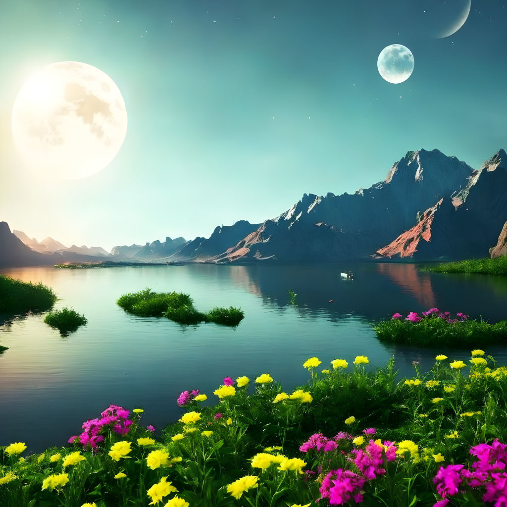 Tranquil landscape with flower field, lake, mountains, and dual moons