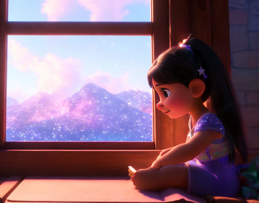 Animated girl with star-shaped hairpin admires twilight mountain view from window