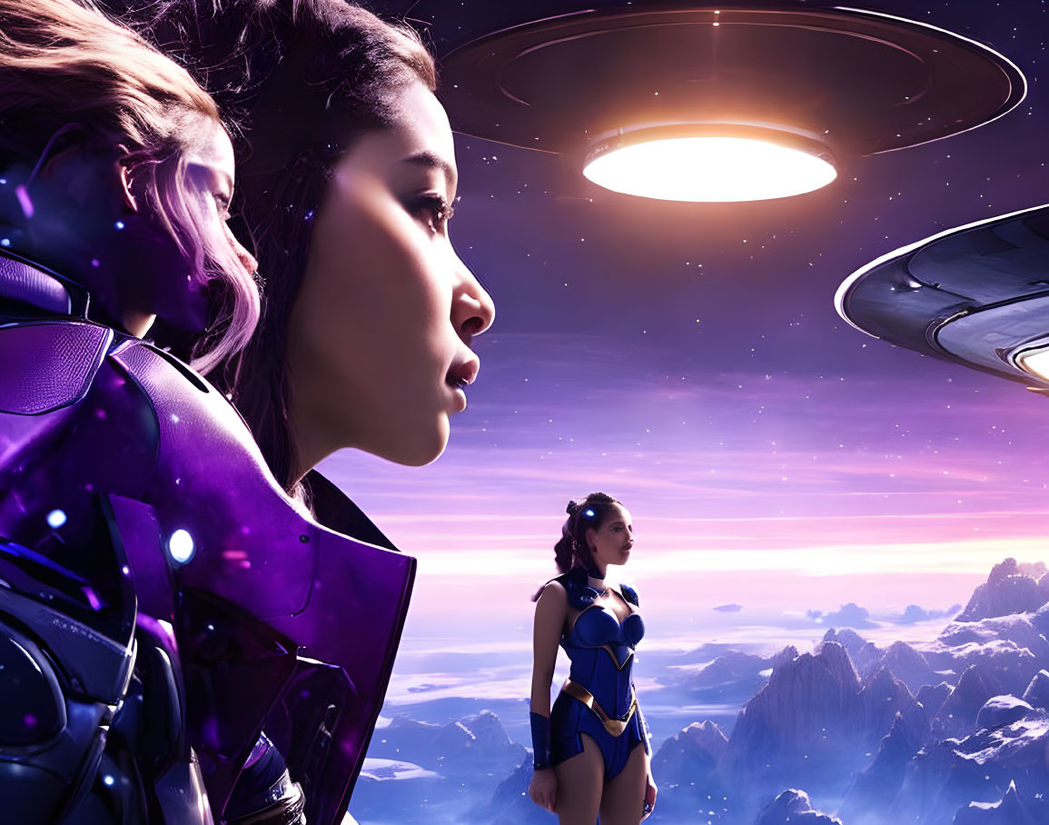 Futuristic female warrior in armored suit observes UFOs on alien terrain