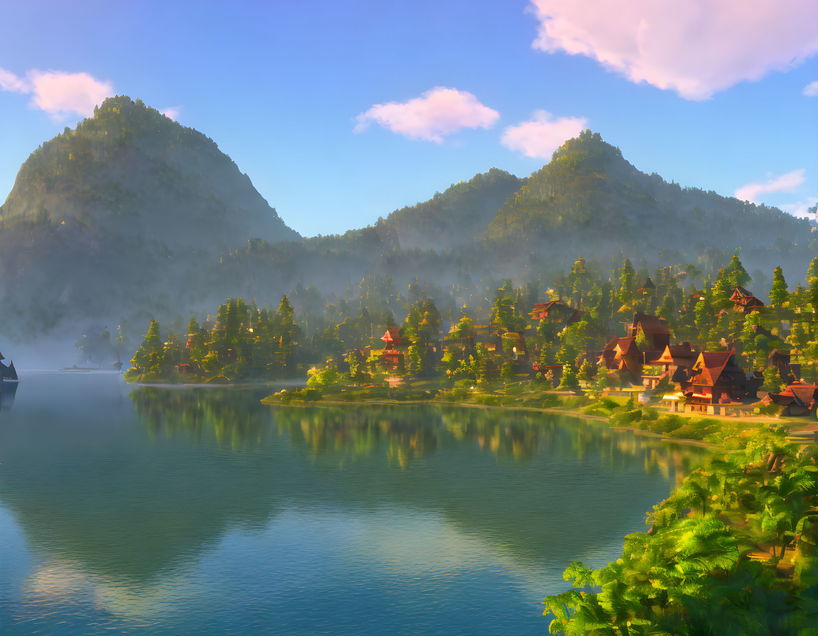 Tranquil lakeside village with quaint houses and lush hills