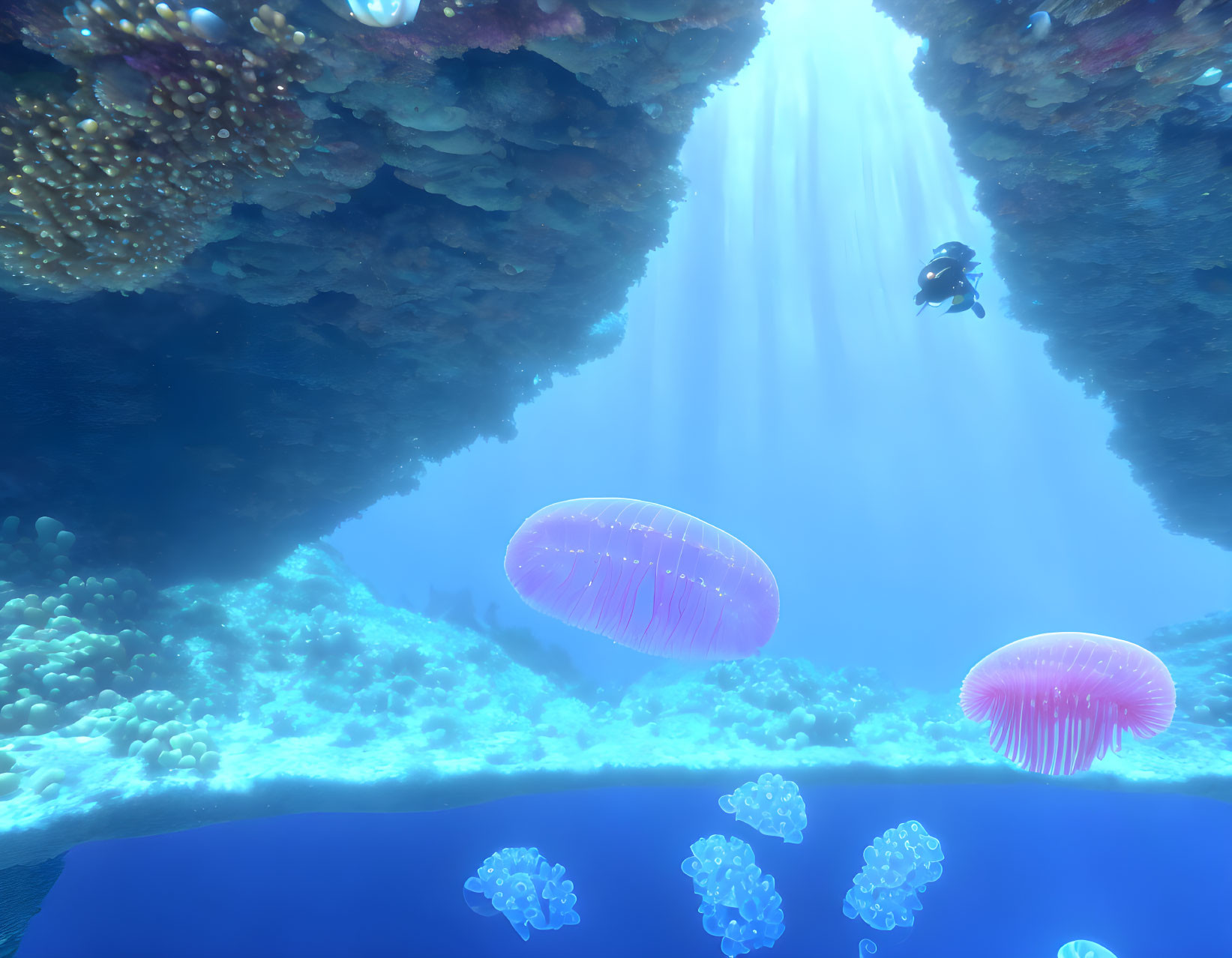 Oceanic underwater scene with jellyfish, diver, coral, and sunbeams.