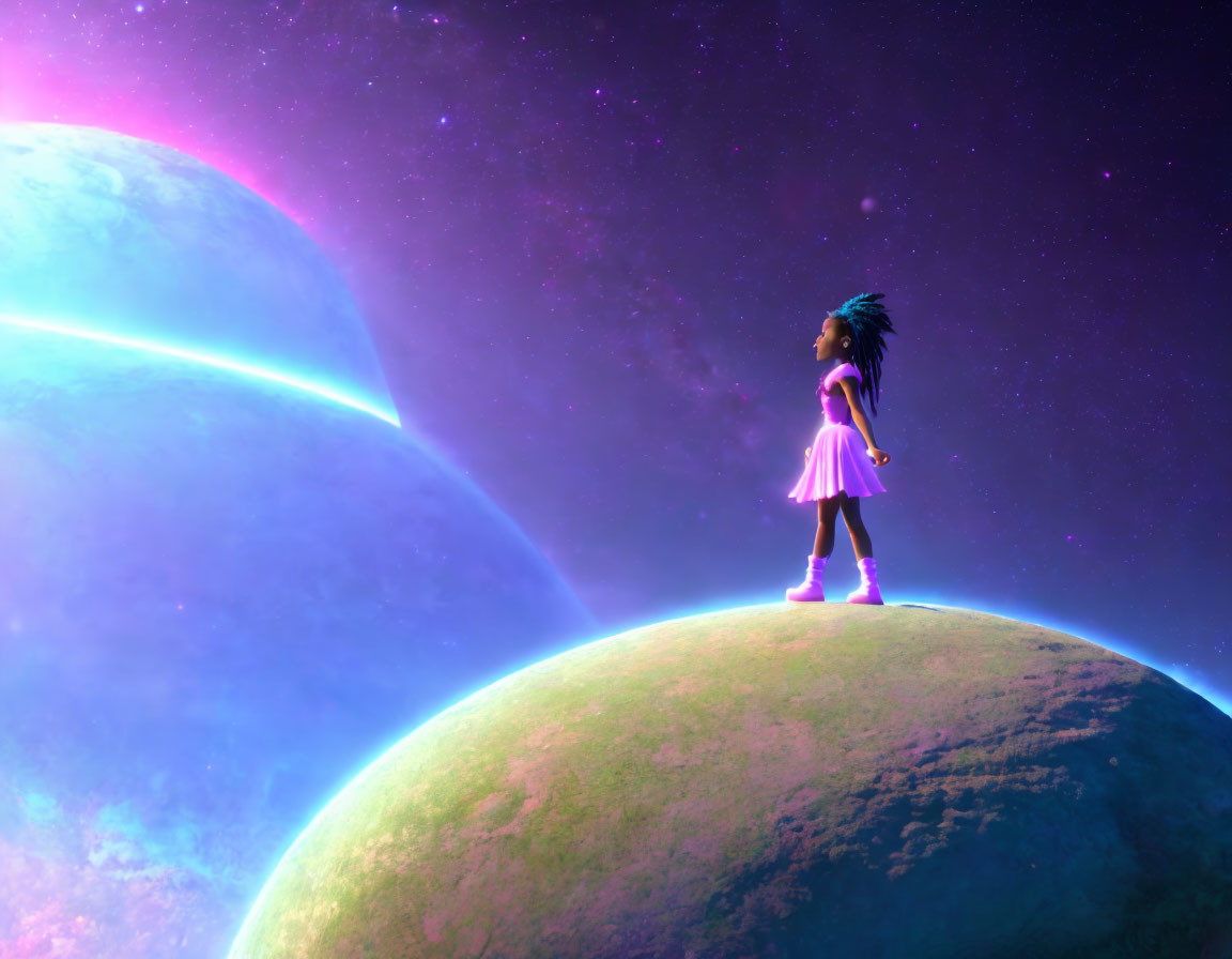 Young girl on small planet gazes at colorful cosmic sky with two larger planets in dreamlike space scene