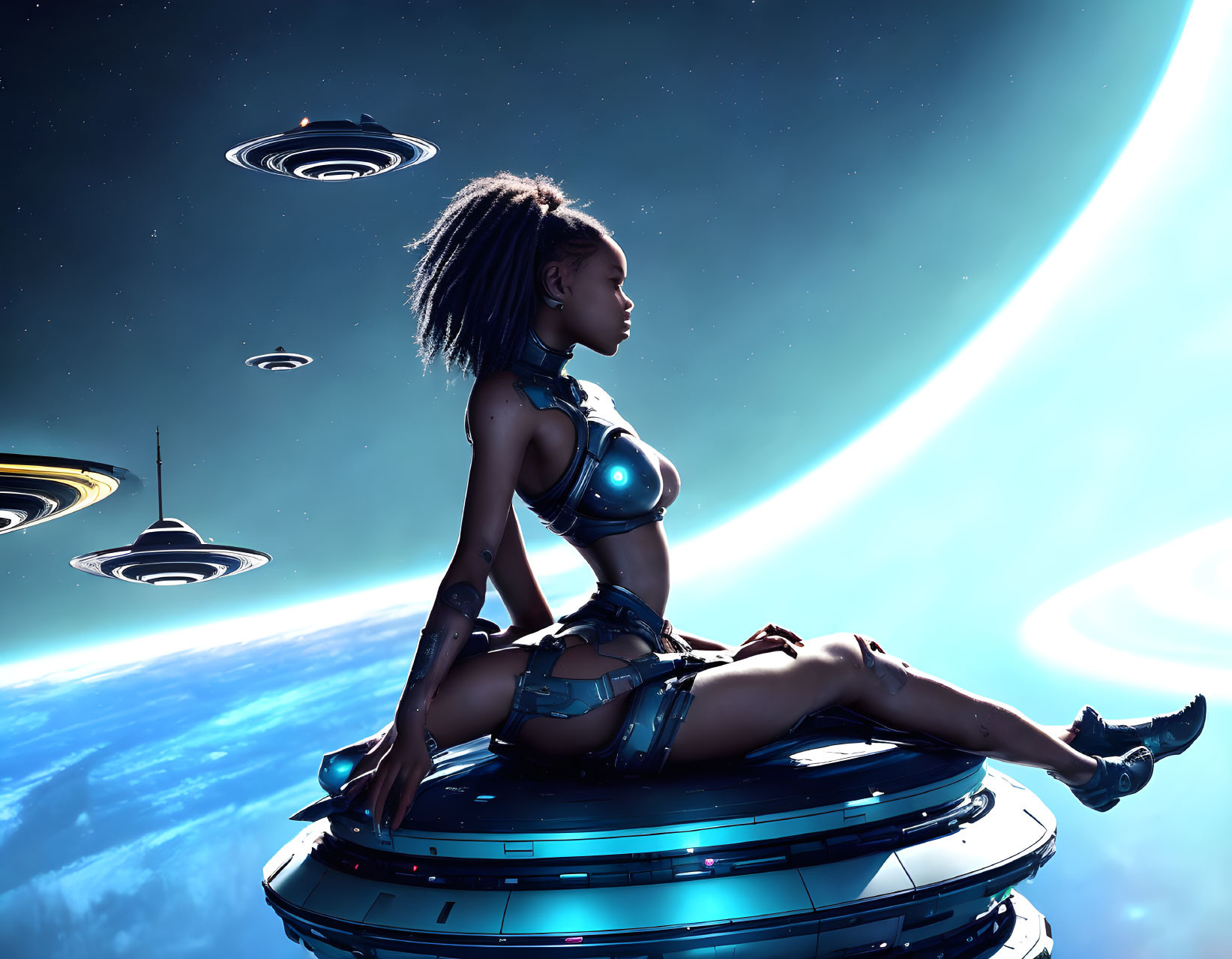 Futuristic woman in cybernetic armor on sleek platform with spacecraft and cosmic backdrop