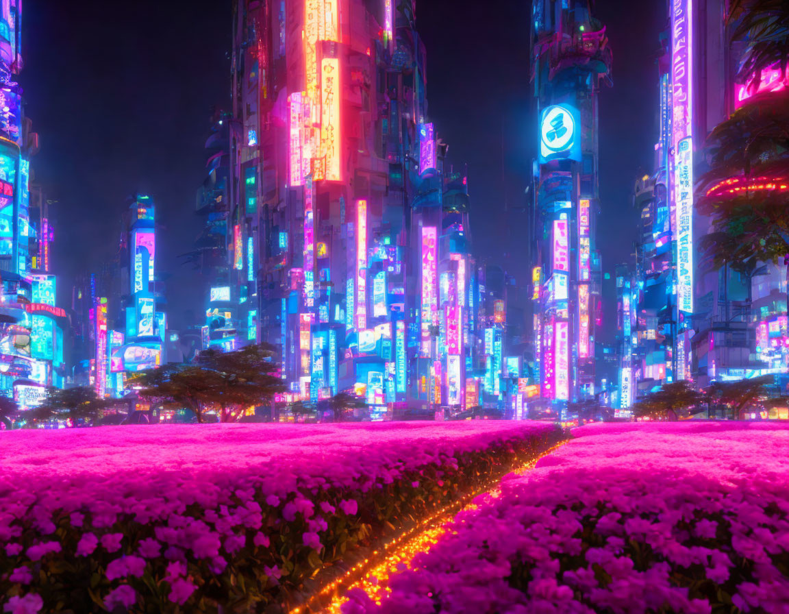 Vibrant purple and pink neon-lit futuristic cityscape at night