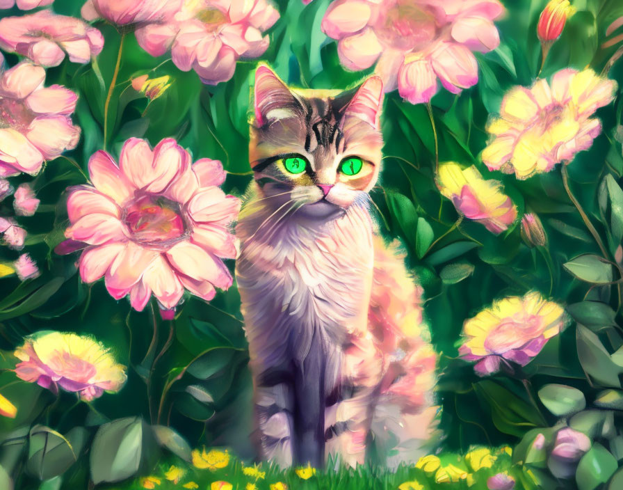 Tabby cat with green eyes in lush garden with pink and yellow flowers